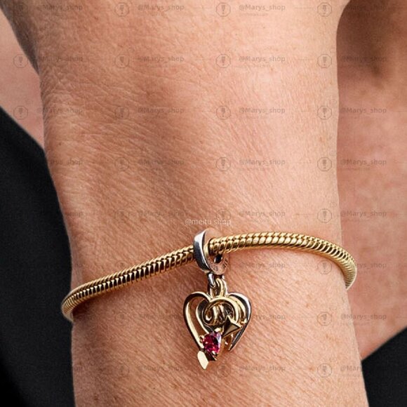 Pandora Engravable Heart & Arrow Double Dangle Charm|Two-tone - Picture 2 of 2